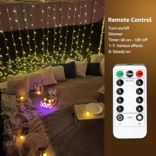 LE Fairy Curtain Lights Battery or USB Plug in, 9.8 x 9.8 ft Curtain of String Lights with Remote, 300 LED Indoor Outdoor Decorative Christmas Twinkle Lights for Bedroom, Patio, Party Wedding Backdrop | 10x10ft 300 LED Hanging Twinkle String Lights with R