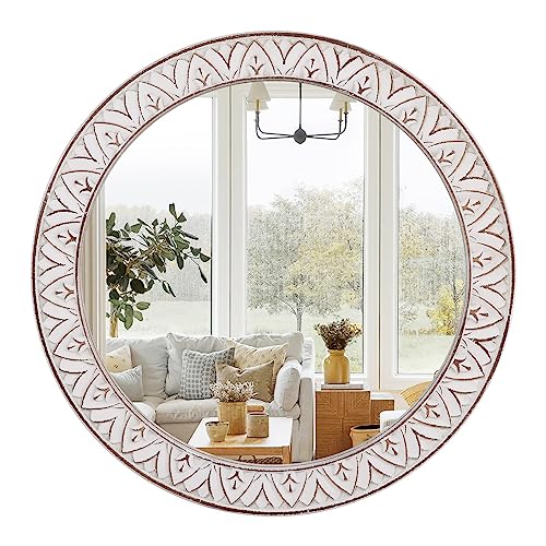 30" Round Wall Mirror, Farmhouse Wooden Frame Circle Mirrors, Rustic Large Decorative Wall Mounted Bathroom Mirror Distressed Hanging Mirrors for Living Room, Bedroom, Entryway, Fireplace, Hall - color: Flower White, size: 30"L x 30"W