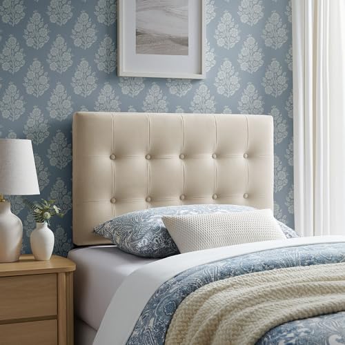 Modway Emily Twin Size Performance Velvet Headboard in Alabaster - Stain-Resistant Velvet Upholstery with Button Tufting and 7 Adjustable Height Positions - color: Alabaster, size: Twin