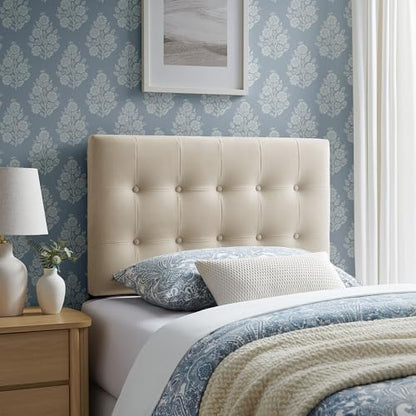 Modway Emily Twin Size Performance Velvet Headboard in Alabaster - Stain-Resistant Velvet Upholstery with Button Tufting and 7 Adjustable Height Positions - color: Alabaster, size: Twin