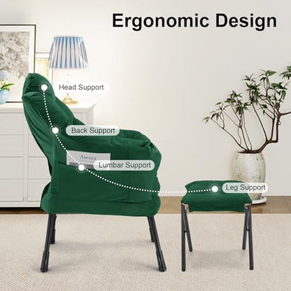 Lazy Chair with Ottoman, Modern Accent Lounge Chair with Side Pocket and Armrests, Cozy Reading Armchair with Footrest, Upholstered Sofa Chair for Small Spaces, Bedroom Living Room, Green - color: Green