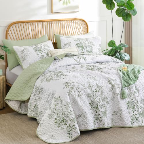 WONGS BEDDING Floral Quilt Set Queen, 3 Pcs Sage Green Bedspreads Coverlets | Spring Summer Floral Farmhouse Bedspread with 2 Shams,Soft Microfiber Lightweight Coverlet for All Season 96"×90" - color: Green, size: Queen