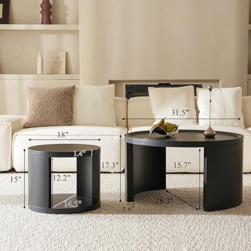 Round Nesting Coffee Table Set of 2, 31.5 and 18 in, Black | Round coffee table set, nesting tables for living room, use separately, space-saving design - color: Black