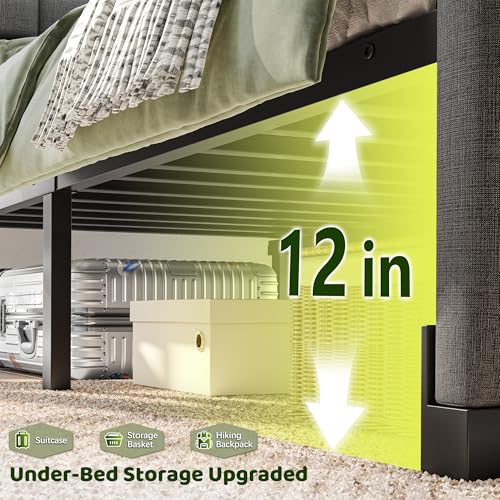 EnHomee Full Upholstered Bed Frame with Charge Station & LED Lights, Grey | 2-Tier Shelves Headboard, 12" Under-Bed Storage Space, Noise-Free, No Box Spring Needed, Easy Assembly - color: Grey, size: Full