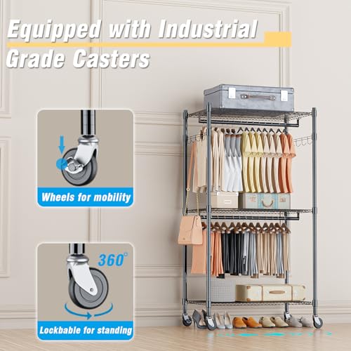 Homdox Heavy Duty Clothing Rack with 3 Tier Adjustable Wire Shelves, Garment Racks for Hanging Clothes, Double Rods Clothing Rack, Freestanding Closet Wardrobe with Side Hooks, Black - color: Black, size: 16.54"D x 23.62"W x 80.71"H