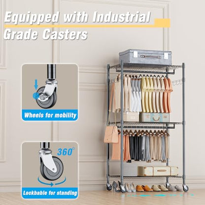 Homdox Heavy Duty Clothing Rack with 3 Tier Adjustable Wire Shelves, Garment Racks for Hanging Clothes, Double Rods Clothing Rack, Freestanding Closet Wardrobe with Side Hooks, Black - color: Black, size: 16.54"D x 23.62"W x 80.71"H