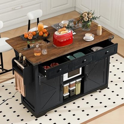 53.7" Kitchen Island with Drop Leaf & Power Outlet, Rolling Kitchen Island Cart On Wheels with 2 Sliding Barn Door, Kitchen Island Table with Storage, for Kitchen, Dining Room (Black) - color: Black