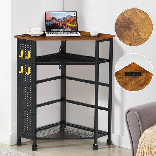 Corner Table with Charging Station, 3-Tier Corner Shelf Stand with Metal DIY Panel, Rolling Storage Table on Detachable Wheels for Kitchen, Living Room, Small Space, Rustic Brown