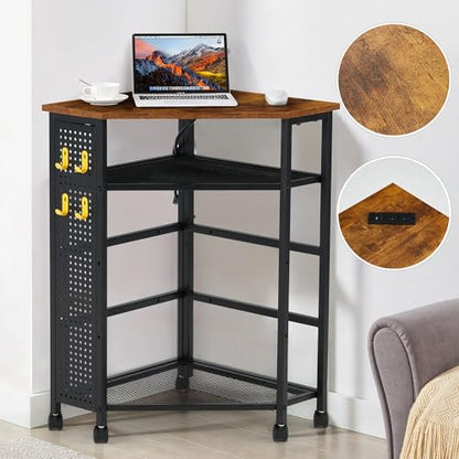 Corner Table with Charging Station, 3-Tier Corner Shelf Stand with Metal DIY Panel, Rolling Storage Table on Detachable Wheels for Kitchen, Living Room, Small Space, Rustic Brown