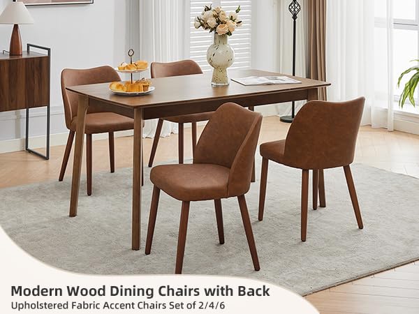 GarveeHome Wooden Dining Chair Set of 4 Upholstered Leather Dining Chair | Kitchen Chairs with Thick Cushions, Wing Backrest for Dining Room, Living Room, Dark Grey, No tool assembly, No Wobble - color: Brown Pu
