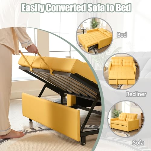 GOSUHI 52" 3-in-1 Convertible Sleeper Sofa Bed, Linen, Yellow | Pull-Out Bed, Stepless Adjustable Backrest, Side Pocket, Compact Loveseat, Living Room, Dorm & Apartment - color: Yellow