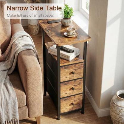 Narrow End Table with Charging Station, Small Nightstand | Skinny Side Tables Living Room with 3 Fabric Drawers, Slim Bedside Table for Bedroom, Small Spaces, Couch, Rustic Brown - color: Rustic Brown + Black, size: 27.55''H (3 Drawers), style: Power