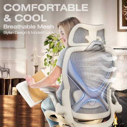 X100 Ergonomic Mesh Office Chair with Footrest, Big and Tall Home Desk Chair with 5D Flip-Up Arms, Adjustable 3D Lumbar Support, Gaming & Executive Computer Chair (First Light) - color: First Light