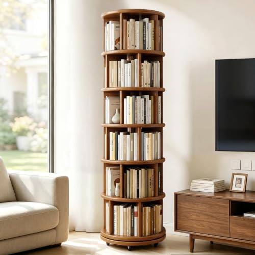 6 Tier Solid Wood Rotating Bookshelf Tower on Wheels, 360° Spinning Bookshelf, Round Revolving Bookcase Organizer, Rolling Bookshelves for Corner Living Room Bedroom Kids Room Small Space, Walnut
