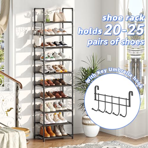 Simple Trending 10 Tiers Tall Shoe Rack for Closet, Black | Narrow Shoe Shelf, Holds 20 Pairs, Shoe Organizer Storage, With Hooks - size: 10 Tiers Narrow, Black