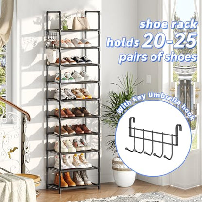 Simple Trending 10 Tiers Tall Shoe Rack for Closet, Black | Narrow Shoe Shelf, Holds 20 Pairs, Shoe Organizer Storage, With Hooks - size: 10 Tiers Narrow, Black