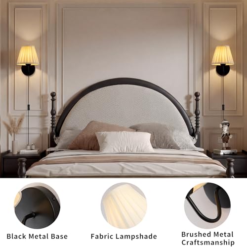 Plug in Wall Sconces with White Fabric Shades, Black Wall Sconces Set of Two, Modern Wall Lighting Fixture with On/Off Switch, Indoor Corded Wall Lamp for Bedroom, Living Room, Hallway, Bedside - color: Black