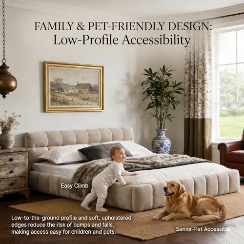 Chenille Fabric Upholstered Platform Bed Frame with Soft Headboard, Modern Low Profile Grounded Design, No Box Spring Needed, Sturdy MDF & Wood Frame, Neutral Style, Beige, Queen - color: Beige, size: Queen (U.S. Standard)