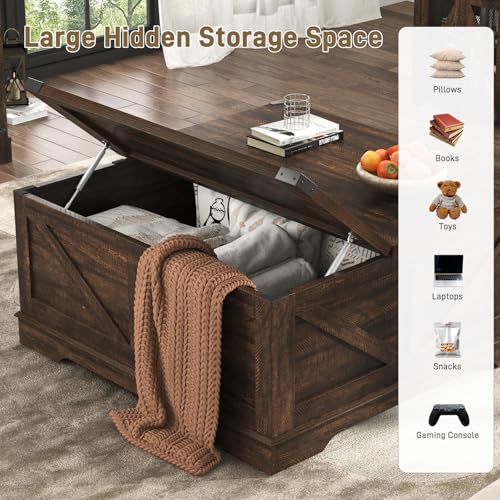 Hlivelood 40” Large Farmhouse Lift Top Coffee Table with Power Outlets and Large Hidden Storage, Square Wood Living Room Tables, Multi-Function Lift Wooden Barn Door Center Table, Brown - color: Brown