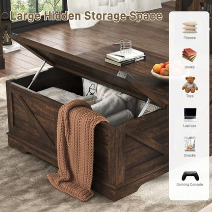 Hlivelood 40” Large Farmhouse Lift Top Coffee Table with Power Outlets and Large Hidden Storage, Square Wood Living Room Tables, Multi-Function Lift Wooden Barn Door Center Table, Brown - color: Brown