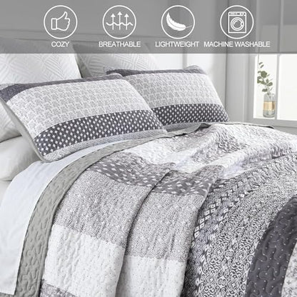 WONGS BEDDING Grey Full Size Quilt Set, Bohemian Striped Bedspreads | Reversible Boho Bedspread with Grey Accents, Lightweight Microfiber Coverlet for All Seasons (78"x90") , OEKO-TEX - color: Grey, size: Full