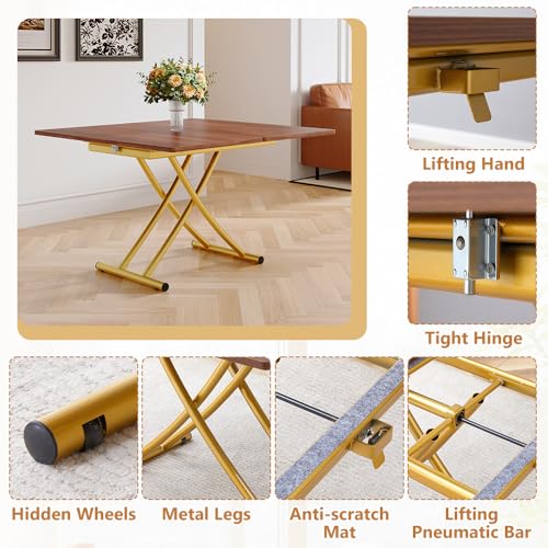 Adjustable Height Coffee Table, Folding Dining Table, Walnut&Gold | Convertible lift top table for use as a coffee table, dining table, home office desk or vanity - color: Walnut & Gold Legs