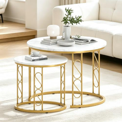 Coffee Table Faux Marble Nesting Table for Small Place 2 Sets Modern Furniture Living Room Sets End Side Table Night Stand for Bed Room Dining Room (White & Gold) - color: White and Gold