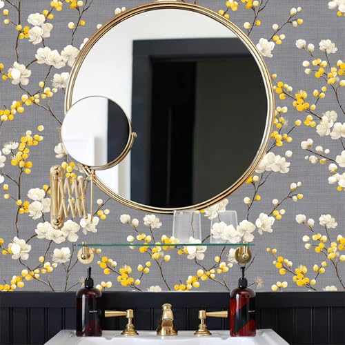 Elegant Chinoiserie White Plum Blossom Golden Bud Motif Peel and Stick Wallpaper Easy Peel Off Contact Paper Stick on Adhesive Wall Paper for Bathroom Waterproof Renter 17.71"x118.1" - color: LD-136a, size: 17.7" x 118"