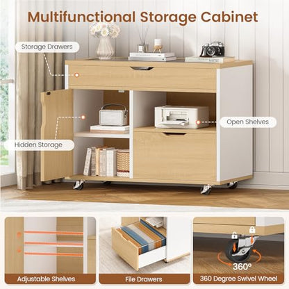 SEDETA L Shaped Computer Desk with Mobile File Cabinet & Power Outlets, Executive Home Office Desk with Storage Drawers, Pegboard, Cable Management, Reversible L Desk for Work & Gaming, White + Oak