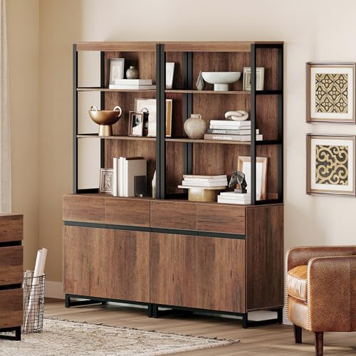 WAMPAT 2 PCS Modern 72" Tall Bookshelf with Metal Base and Adjustable Shelves, Library Bookcase with Storage Cabinet and Open Book Shelfs, Wood Bookshelves for Home Office, Living Room, Brown - color: Brown-a, size: 2 PCS