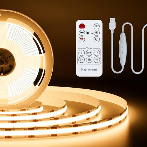PAUTIX 5V USB COB LED Strip Lights UL-Listed Dotless LED Lights with RF Remote,6.56ft Dimmable 3000K Warm White TV Backlight,Flexible Under Cabinet Tape Lights for Bedroom,Kitchen,Shelves Lighting - color: 3000K