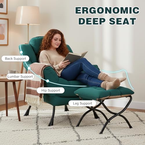 Modern Lazy Chair with Ottoman Lounge Accent Reading Chair for Living Room | Foldable Footstool,Removable Cover,Soft Padded Seat & Backrest,Upholstered Comfy Chair for Bedroom,Dorm,Office,Small Space - color: Dark Green