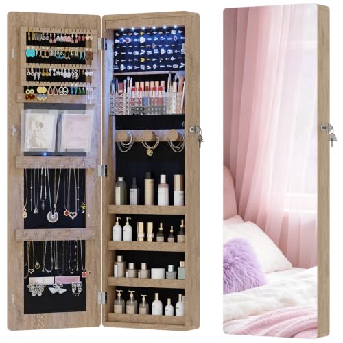 HNEBC Jewelry Cabinet with Lights,Wall Mounted Jewelry Organizer with Full-Length Mirror,Over The Door Hanging Jewelry Armoire Storage Cabinet,Lockable,Gift Idea-Brown - color: 21-Brown