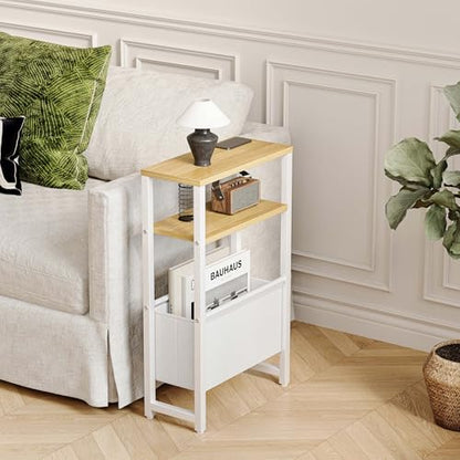 Narrow Side Table, Slim End Table with Magazine Rack, Skinny Bedside Table for Small Spaces, 3 Tier Sofa Couch Table Nightstand for Living Room, Bedroom, Natural LET503Y - color: Natural, style: No Charging Station