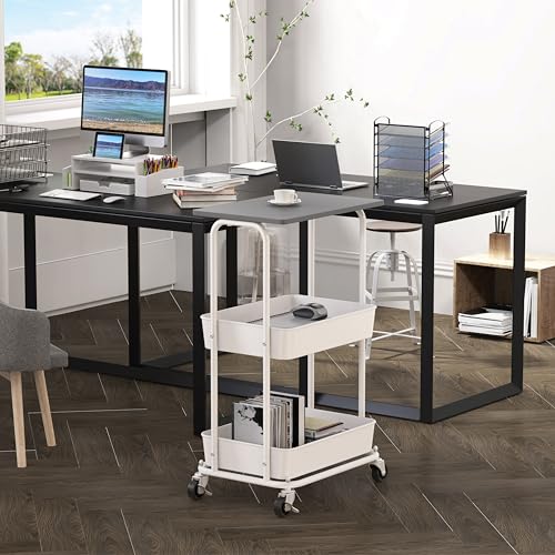 Simple Houseware 2-Tier Rolling Utility Cart Wood Top/Lockable Wheel, Gray | Metal Storage Organizer Trolley for Kitchen, Bathroom, Office, Craft Room - color: Grey