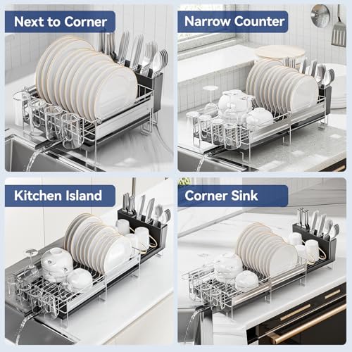 Stainless Steel Dish Drying Rack - Expandable Dish Racks for Kitchen Counter Organizer with Drain Board, Detachable Utensil & Cup Holder, Dish Drainer for Small Kitchen Counter, Black - color: Black