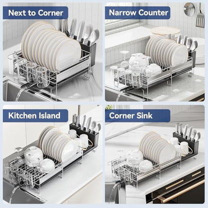 Stainless Steel Dish Drying Rack - Expandable Dish Racks for Kitchen Counter Organizer with Drain Board, Detachable Utensil & Cup Holder, Dish Drainer for Small Kitchen Counter, Black - color: Black