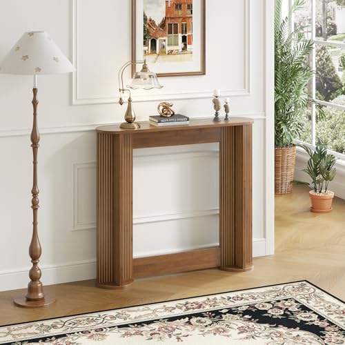 35 Inch Small Narrow Console Table Behind Couch, Mid-Century Modern Fluted Skinny Entryway Table, Slim Sofa Table for Hallway, Living Room, Wood, Brown, Walnut - color: Walnut-35 Inch