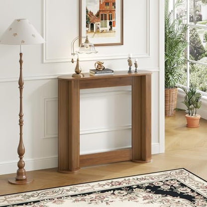 35 Inch Small Narrow Console Table Behind Couch, Mid-Century Modern Fluted Skinny Entryway Table, Slim Sofa Table for Hallway, Living Room, Wood, Brown, Walnut - color: Walnut-35 Inch