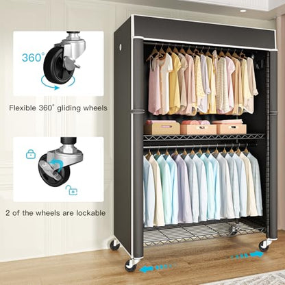 Black Clothing Rack with Black Cover, P1C Plus Rolling Closet | Metal Garment Rack with Wheels for Hanging Clothes, Portable Clothing Storage Wardrobe - color: Black Rack with Black Cover