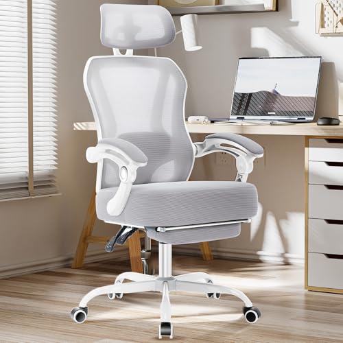 Ergonomic Office Chair with Footrest,Ultra Thick Desk Chair,Grey | 150°Reclining,Mesh High Back,Adjustable 2D Lumbar Support and Headrest,4.8" Spring Cushion,Premium Computer Chair for Adults - color: Grey
