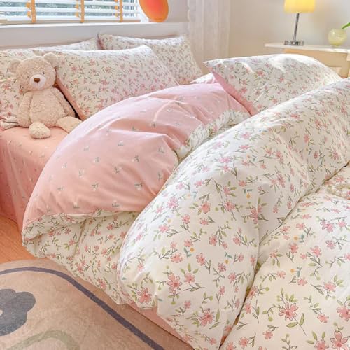 LifeTB Aesthetic Pink Floral Duvet Cover Queen 100% Cotton Pink Flower Bedding Set Vintage Style Botanical Floral Comforter Cover Girls Cottagecore Duvet Cover with 2 Pillowcases - color: A2# Pink Floral, size: Queen (90"x90")