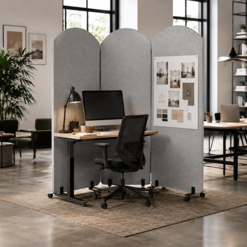 3-Panel Office wall Divider W/Wheels, 72 x 66 in Portable Partition wall | Office Dividers for Sound Proofing & Reducing, Freestandings Privacy Cubicle Temporary Wall with Whiteboards, pen, thumbtacks - color: Light Gray