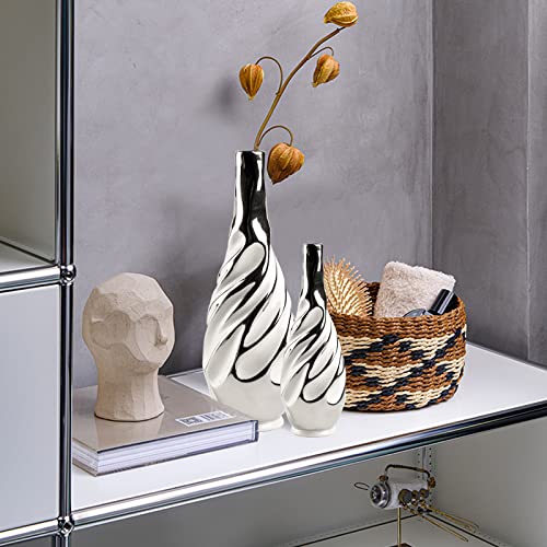 Yundu Ceramic Vase Set of 2, White with Silver, Modern Home Décor, Living Room, Dried Flowers, 14x6x6 inches - color: White With Silver