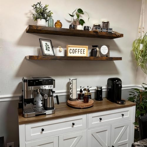 BAYKA Rustic Brown Floating Shelves 47.2in, Set of 2, Wall Mount Wood Shelf | Easy Install, 30lbs Max Load, Hidden Bracket, for Coffee Bar Book Bedroom Kitchen Office Storage Decor, Multi-Wall Compatible - color: B. Rustic Brown - Americana Farmhouse Styl