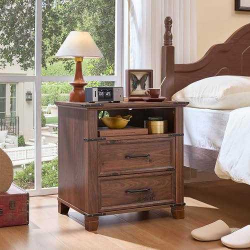 Farmhouse Night Stand with Charging Station, Brown | 2 Drawers End Tables Bedroom, Bedside Table with Metal Handles & Solid Wood Foot & Open Shelf - color: Brown