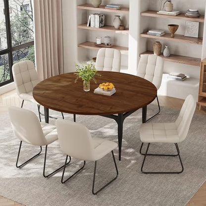 HIPIHOM Expandable Folding Dining Table Set, 55-Inch Round to Square Table with 6 Upholstered Chairs, Metal Frame, for Dining Room or Apartment (Round Table + 6 White Chairs) - color: Round Table + 6 White Chairs