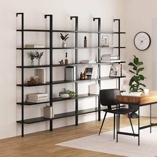 Nathan James Theo 6-Shelf Tall Bookcase, Wall Mount Bookshelf Wood Shelves and Metal Frame, Matte Black, Set of 4 - color: Black, size: Set of 4