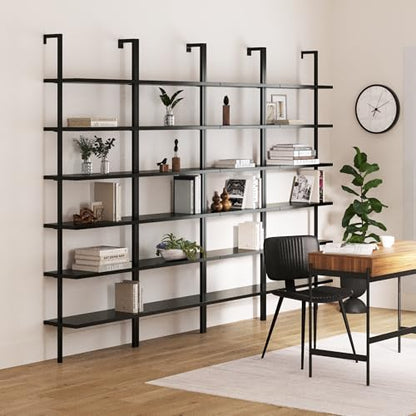 Nathan James Theo 6-Shelf Tall Bookcase, Wall Mount Bookshelf Wood Shelves and Metal Frame, Matte Black, Set of 4 - color: Black, size: Set of 4