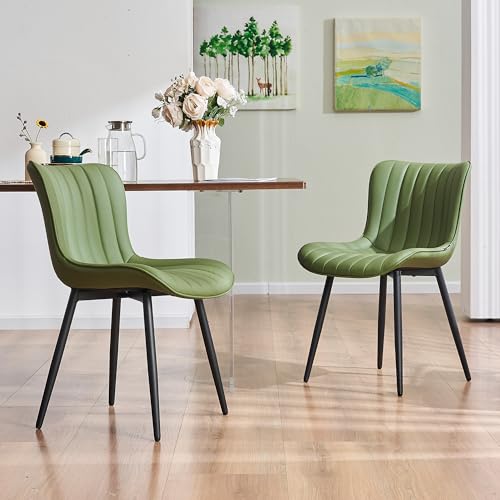 YOUNUOKE Dining Chairs Set of 2 Mid-Century Modern Kitchen Chair Green | Faux leather upholstered with Back, fits dining living waiting room guest reception. Waterproof easy to clean assemble, 300lb - color: Olive Green